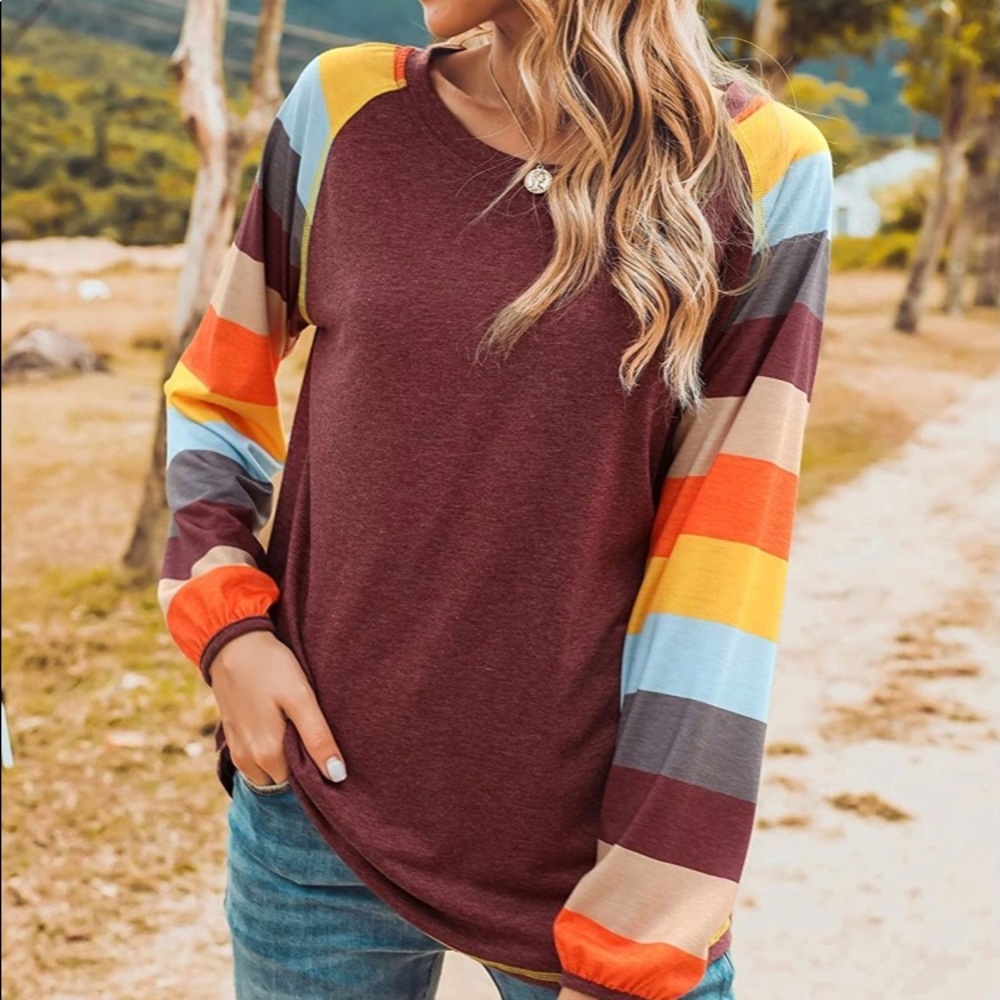 NWT Wine Red Casual Tunic Color Block Long Sleeve Blouse